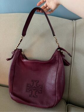 Tory Burch Deep Burgundy Pebbled Leather Shoulder Bag with Gold Chain